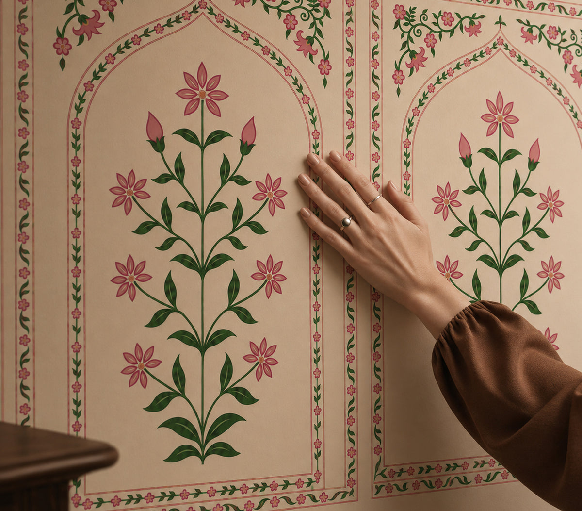 Statement wallpaper beside a modern staircase