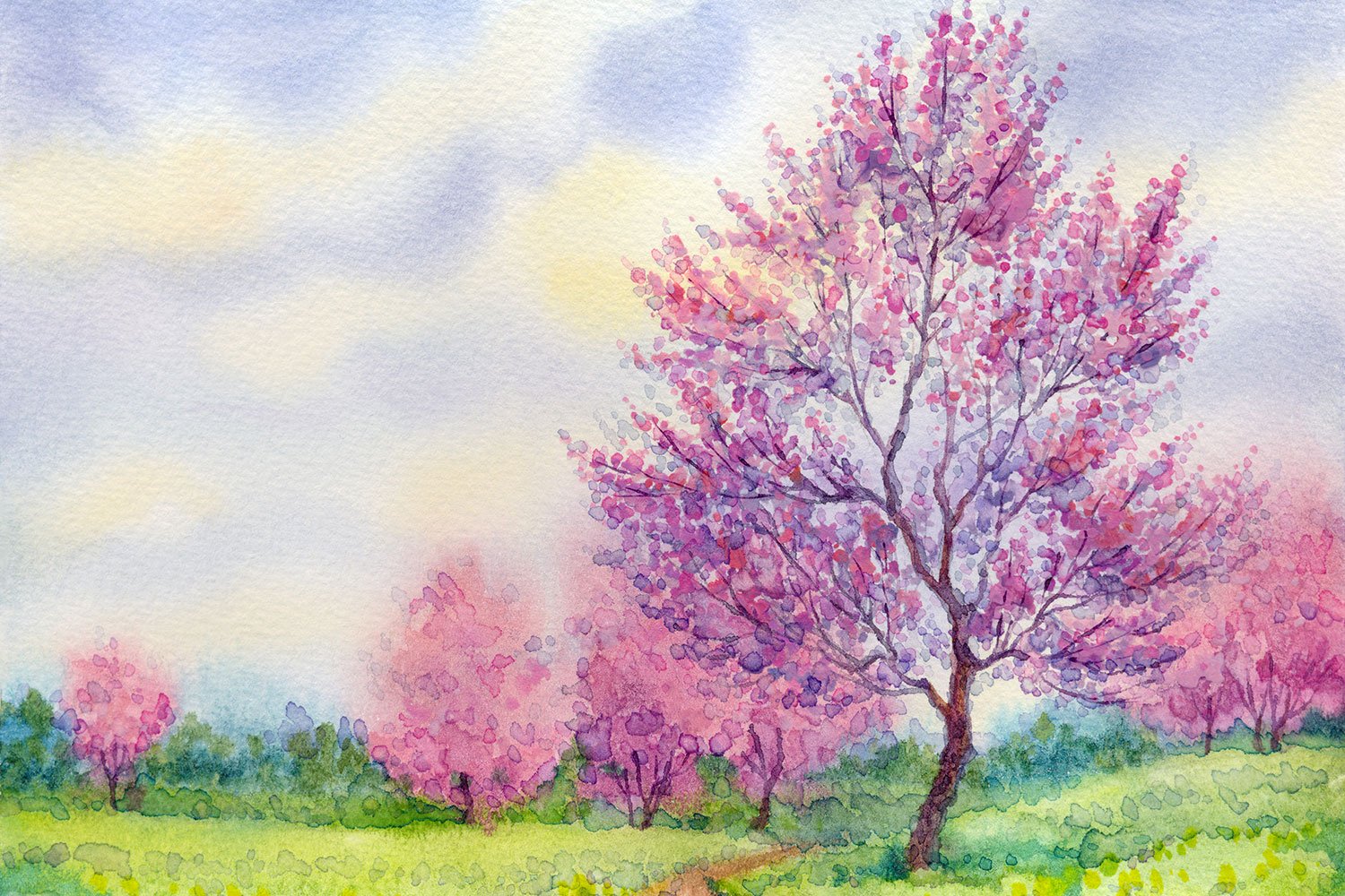Цветущая Весна акварель пейзаж